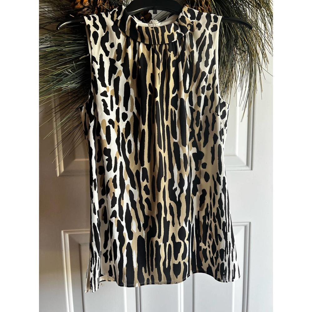 St. John Couture Sleeveless Silk Margay Cat Animal Print High Neck Top T…
